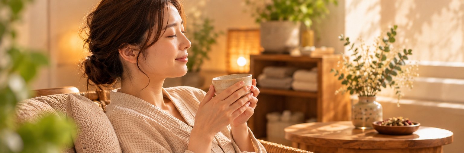 施術のあと、温かいお茶を手に目を閉じてくつろぐ女性